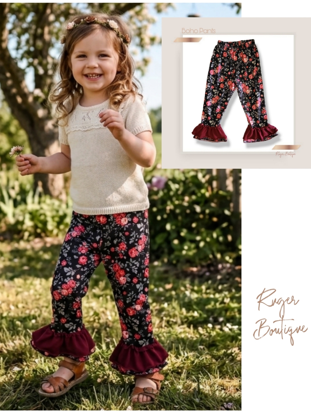 🌿Maroon Floral Boho Girls Size 4-5T Pants - Ruffle Bells